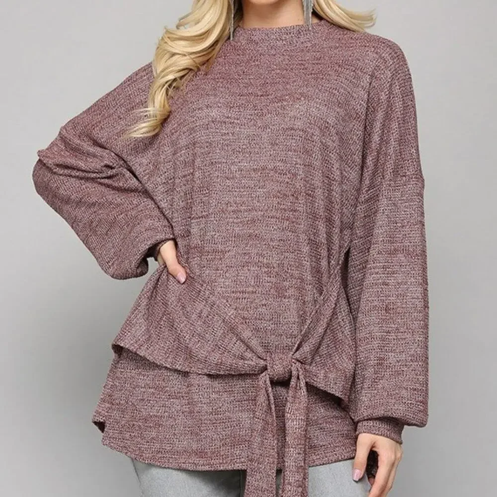 NWT Gigio Shirt Tunic Medium Long Sleeve Two Tone Waffle Knit Front Tie Top - Picture 2 of 4